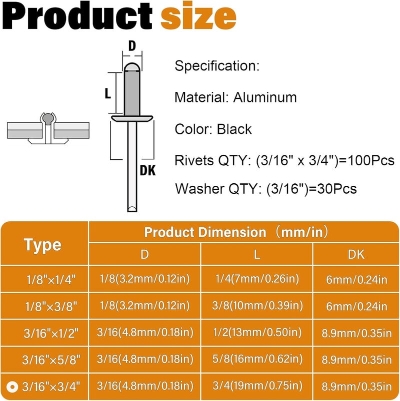 JTAREA 130pcs 3/16" x 3/4" Black Aluminum Pop Rivets with Stainless Steel Washers 4.8 x 20mm Blind Rivet Assortment Kit - Image 2